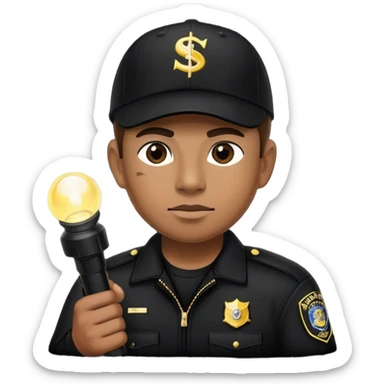 A vigilant male security guard wearing a black uniform, a baseball cap with ‘SECURITY’ embroidered on it, and a black jacket. He holds a flashlight  shining its beam forward sticker