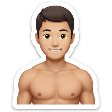 A standing buff shirtless asian guy with a really square jawline. Make his jawline extremely square and exaggerated. Also give him a middle part haircut sticker