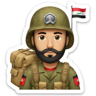 A tired, swarthy Iraqi soldier with a beard, an Iraqi flag on his helmet, a sad expression and bags under his eyes sticker