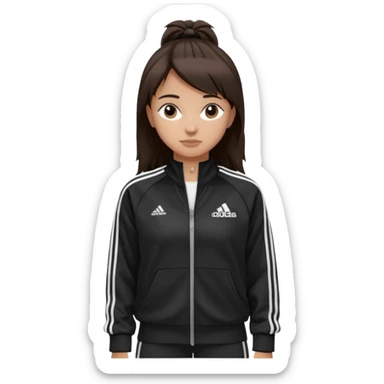 A girl with  medium-length, dark brown hair. The style is a soft, layered cut that falls around her shoulders. wore black Adidas track jacket with white stripes on the sleeves. It has a full zipper down the front, a stand-up collar, and the Adidas logo on the right chest emoji sticker