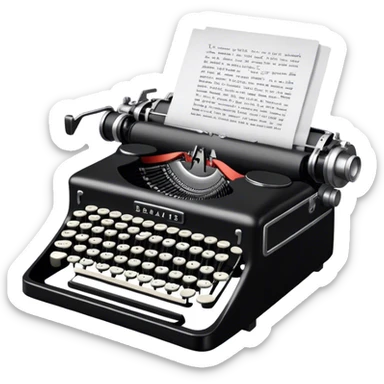 Create an emoji representing screenwriting. The design should feature an open script with visible dialogue and action lines, symbolizing the writing of a screenplay. Include a classic typewriter or a modern writing device, such as a laptop, to signify the process of creating a script. Add a movie camera next to the script to emphasize the cinematic aspect of screenwriting. Use a professional color palette with black, white, and subtle metallic tones. Do not include any emojis or smiley faces. Make the background transparent. sticker