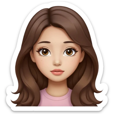 “korean straight brown hair Emoji girl, soft eyeliner and blush, gradient lips, light brown shimmer eyeshadow, long wavy hair,  sticker