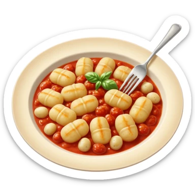 Gnocchi Cinematic Realistic Gnocchi Dish Emoji, depicted as tender oblong potato gnocchi garnished with iconic fork marks on top, rendered with soft textures and warm, inviting lighting. add tomato sauce sticker