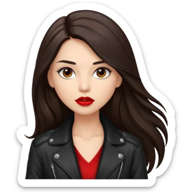 brunette with very long hair in black cuir jacket with red lips and very dark brown eyes sticker