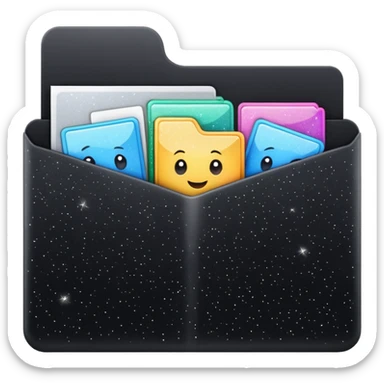 small cute black folder icon, slightly open at the top, multiple pockets or dividers, label on the front with the word 'Titles', sparkles around the folder sticker