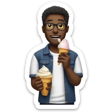 a man whit glasses eating icecream and having a cat in his hand sticker