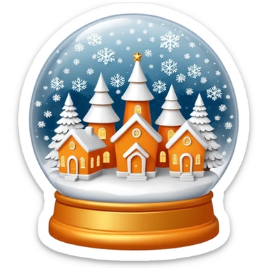 Orange Christmas village snow globe сделай полностью белым: основа шара белая, 3 белых дома и 2 белых елки внутри с золотыми снежинками sticker