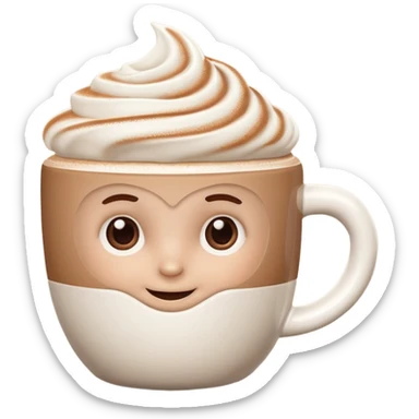 A 3D cartoon cappuccino cup with thick milk foam and light cocoa dust, no saucer, smooth ceramic texture, warm soft lighting, Memoji-style. sticker