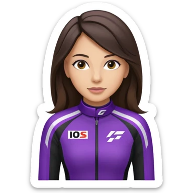 brunette long hair woman with black racing outfit with single purple strip sticker