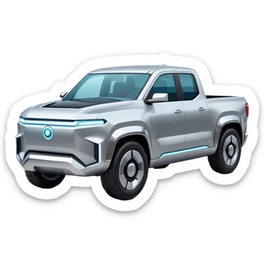 A futuristic electric pickup truck emoji, silver chrome body, angular cyber design, smooth metallic panels, subtle reflections, minimalistic proportions, iOS emoji style, centered composition, clean white background, soft lighting sticker