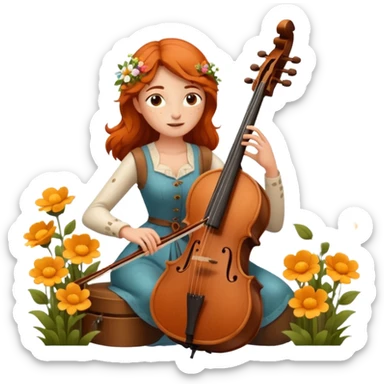 nature bard woman with freckles playing wooden cello among flowers sticker