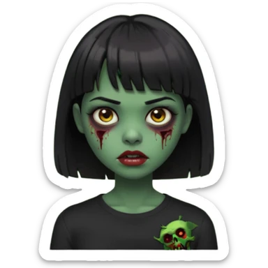 Zombie girl emoji verde escuro com cabelo curto liso preto no ombro e franja na altura da sobrancelha com uma blusa preta, olhos castanhos escuros sticker