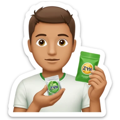 Man holding Zyn spearmint snus in palm and a white pouch in the other sticker