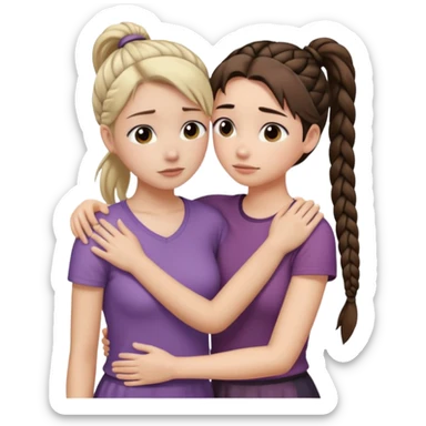 Comforting Hug two white skin women, one shorter woman with brown simple top ponytail, not braided, and one taller sad woman with a single long black side braid sticker