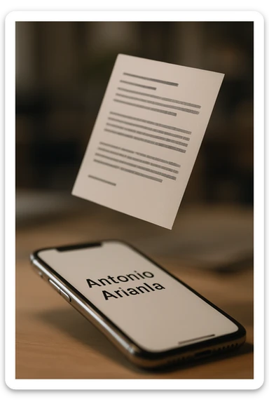 A photo of an iPhone with the message "Antonio Anania" on its screen, hovering over it is another document floating in mid-air, both surrounded by soft light and shadow. The phone sits atop a desk with a blurred background that suggests work environment. A faint glow from above casts gentle shadows across the surface of each object, creating depth and highlighting their textures. sticker
