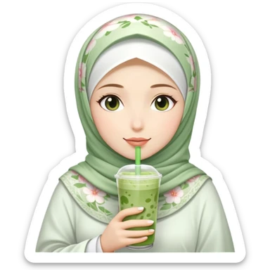 White hijab girl wearing flower hijab holding iced matcha drink sticker