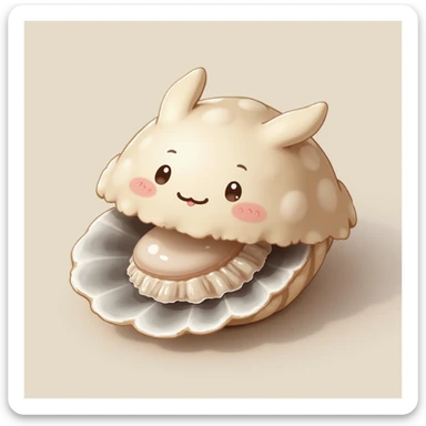 cute oyster, smiling expression, cream color, pink cheeks, doe eyes, greige shell, photorealistic style sticker