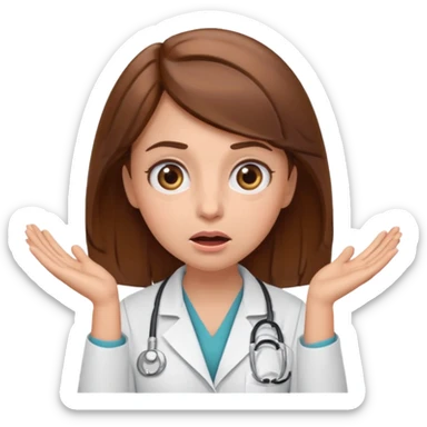 Surprised female doctor emoji with brown hair, both hands on her cheeks, big expressive eyes, clean emoji style sticker