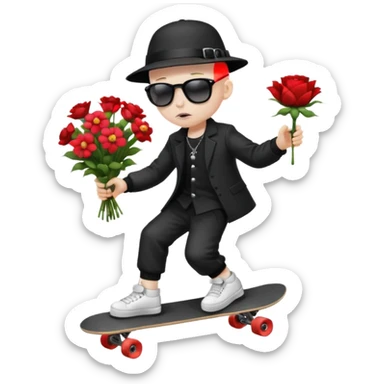["A sad boy with pale skin, bald, wearing a sunhat and sunglasses, dressed in goth fashion, is skateboarding while holding a flower bouquet."] sticker