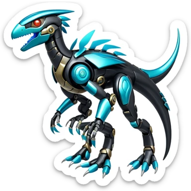 Shiny Futuristic Celestial Glossy-Metallic-Alloy Cyborg-Fakemon-Pokemon-Digimon-Spectrobes-Raptor-fusion, full body, four legs, black body, cyan accents, scales sticker