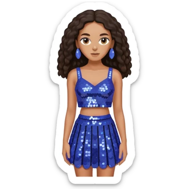 Solange with dark brown long hair, periwinkle sequin crop top and skirt sticker