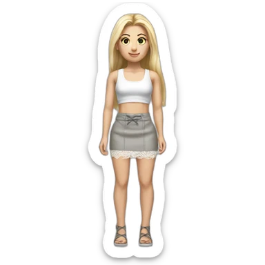 hyperrealistic caucasian female, long straight blonde hair, grey mini pencil skirt, white lace up crop tanktop sticker