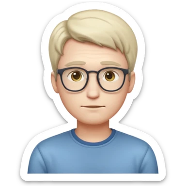 A realistic adult male character with pale skin, soft features, slightly shy expression, slim build, subtle blushing, wearing casual nerdy clothes, standing timidly, styled in a mature, clean, semi-realistic emoji style with soft shading, readable at small icon size sticker