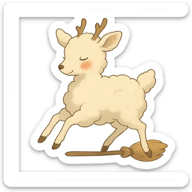 soft vanilla cloud doe with rosy cheeks, floating gracefully like a witch, Ghibli style sticker