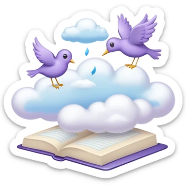 Create a whimsical and poetic emoji symbolizing poetry. The design should have several elegant pages floating smoothly in the air with short poetic columns written on them. Surround the pages with soft, fluffy clouds and include white birds flying out of the clouds, symbolizing freedom and creativity. Add a white pen resting gracefully on the pages and an inkwell. The overall color palette should include soft pastel tones such as light blue, purple and cream, which will add airiness and dreaminess to the design. Make the background transparent sticker