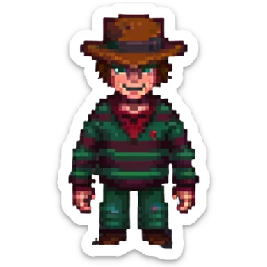 Freddy Krueger in pixel art style, menacing pose, classic striped sweater sticker