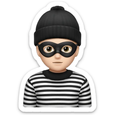 boy emoji with black knit beanie, thin black domino mask, and a black-and-white horizontally striped sweater sticker