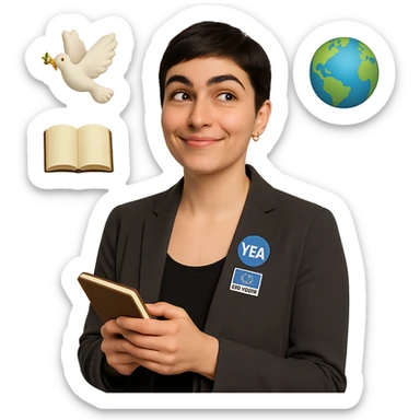 Change the hairstyle to a short haircut while keeping her friendly, thoughtful, and playful expression. She should wear a smart-casual blazer with a YEA or EU4Youth badge. She is holding a notebook or phone. Include the floating symbols: dove, book, and globe. Preserve the transparent background. The style should match the original image's look and feel. sticker