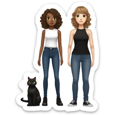 tall skinny white brown haired girl with brown eyes wavy hair and curtain bangs wearing dark wash jeans and black high neck tank top and black mary jane heel shoes standing full body and holding fat black cat with white spot on its belly sticker