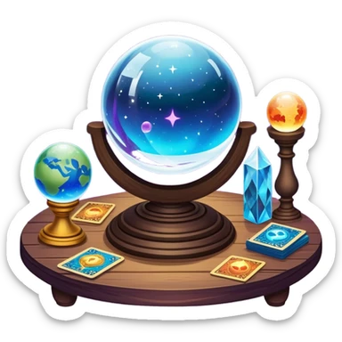 a mystical icon featuring a crystal ball (fortune-telling sphere) on a table with tarot cards scattered around. Surround the scene with planets, stars, and zodiac signs. The design is vibrant, magical, and evoke a sense of mystery and spirituality, with glowing effects and a cosmic atmosphere. sticker