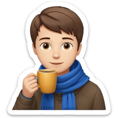 a boy with short hair, having scarf,  drink coffee, enjoy sticker