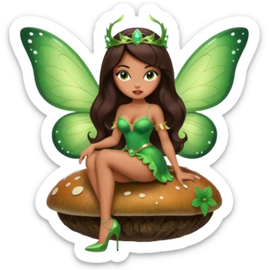 A sexy, super pretty bratz girl with caramel skin. Huge tits. Dark brown hair and brown eyes. She has freckles. Wearing sexy makeup. Wearing a green fairy costume and heels and flying nsfw sitting on a mushroom sticker