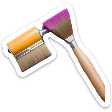 Create an icon that represents the hobby of wall painting, featuring a wall with a beautiful painting in progress. The design should include a paintbrush, a roller, and part of the wall decorated with colorful patterns or a mural. The icon should show the process of creating the artwork, with the brush strokes visible on the wall, symbolizing the artistic nature of the craft. The composition should be balanced and harmonious, evoking creativity and skill. The background should be transparent. sticker