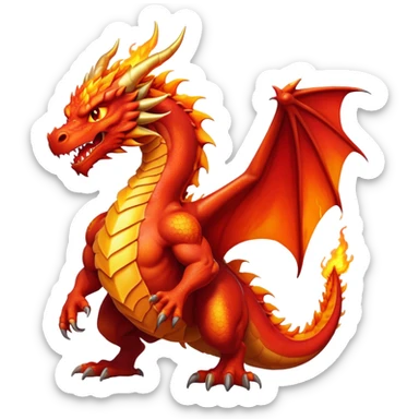 cinematic-noble-fierce-fire-dragon-full body-emoji,-poised-and-imposing,-with-a-muscular,-scaled-body-ablaze-in-fiery-hues-of-crimson,-molten-orange,-and-molten-gold,-and-intense,-burning-eyes-that-mirror-the-heart-of-a-volcano;-rendered in detail sticker