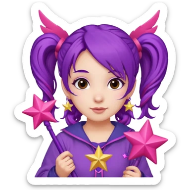 Create an emoji of a fairy-like woman with purple hair tied into two pigtails, red stars in her hair, wearing a pink outfit and pink wings. She is holding a pink star-shaped wand and wearing purple circular earrings. sticker