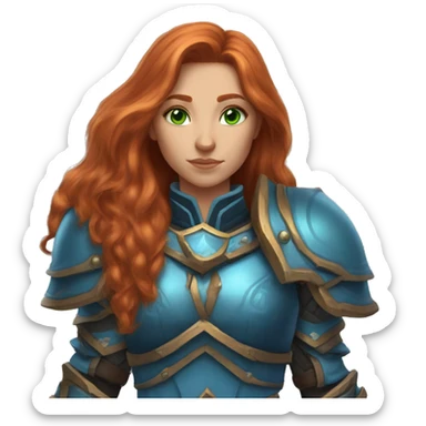 female human from world of warcraft, long ginger hair, green eyes, blue armor sticker