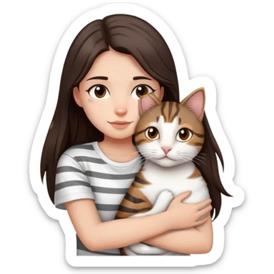 a girl with long dark brown hair, in a
white T-shirt and brown eyes, hugs a tabby
dark grey and white strips one cat sticker