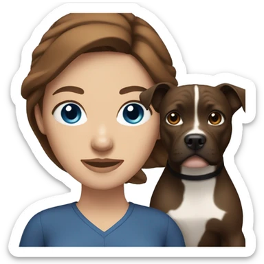 A brown-haired woman with blue eyes with black pit bull sticker