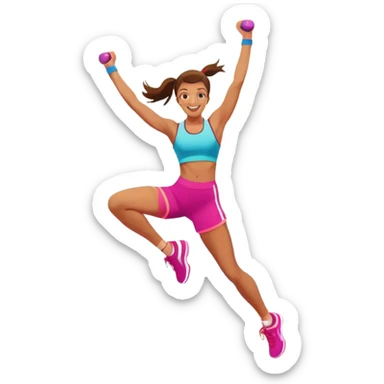 An energetic person performing an aerobics workout in a brightly lit gym, jumping and stretching with enthusiasm. The scene includes vibrant fitness equipment like dumbbells and exercise mats, with a background of cheerful, motivating colors, conveying energy and movement. sticker