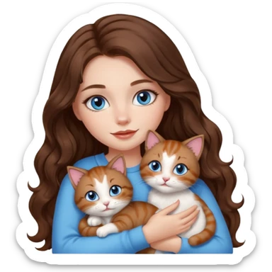 girl with long wavy brown hair, blue eyes, long lashes makeup, cuddling with 6 cute cats sticker