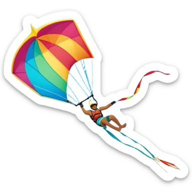 A kitesurfer soaring through the sky, harnessing the wind on a bright, colorful kite. The scene shows the surfer gliding over the water with the kite above, emphasizing the freedom, speed, and thrill of the sport in a dynamic coastal setting. sticker