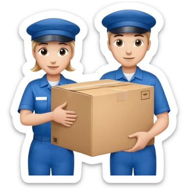 two workers in blue uniforms and caps holding a large box together sticker