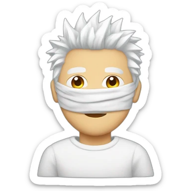 Man with blindfold and white spiky hair wearing white sweater sticker