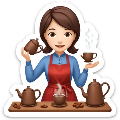 A cheerful woman wearing a winter apron, pouring cocoa from a kettle into tiny cups.
 sticker