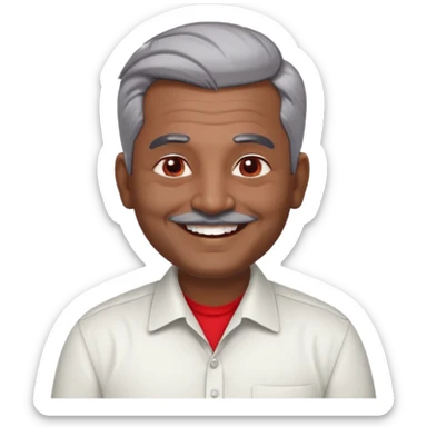 50 yr old indian man, dark skin, grey hair, big smile, white teeth, chubby, no moustache, clean shaven, young style hair, hair brushed back, 5 oclock shadow, bindy on forehead, dress shirt, red dot sticker