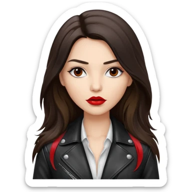 brunette with very long hair in black cuir jacket with red lips and very dark brown eyes and white shirt sticker